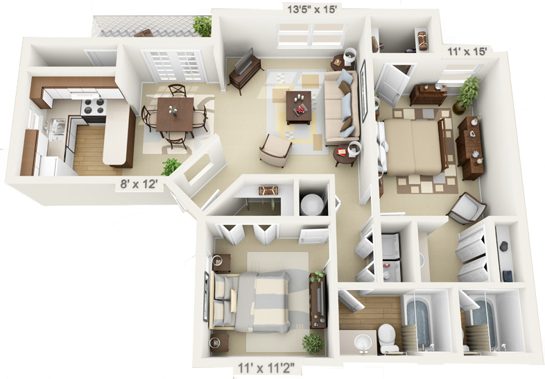 Floor plan for 2 beds, 2 baths, 1000 sqft